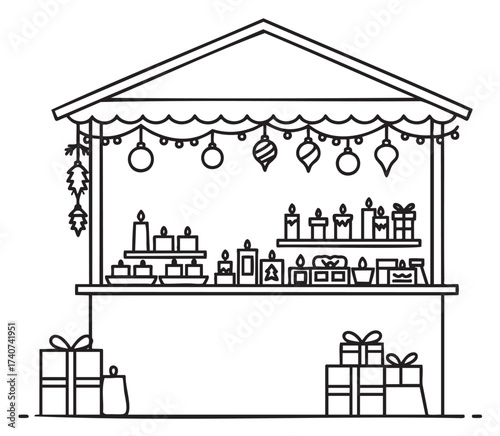 Black outline drawing of a holiday market stall displaying various gift boxes, candles, and ornaments for festive decoration.