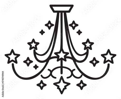 Black outline vector icon of an elegant chandelier with star-shaped details and curved arms, symbolizing classic and decorative interior design.