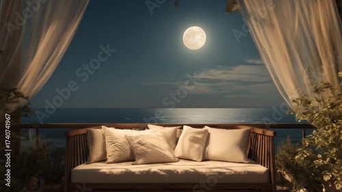 Tranquil outdoor scene featuring a sofa illuminated by a full moon