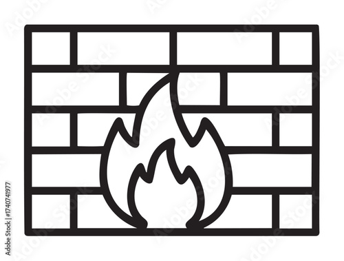 Black outline drawing of a fire icon with a flame symbol positioned in front of a brick pattern, for concepts related to safety and heating.
