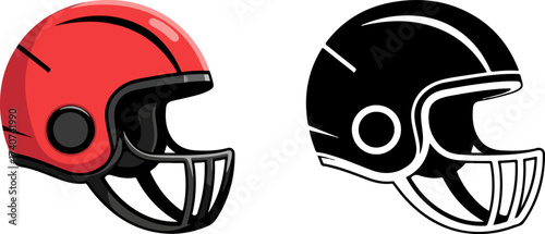 Red and black football helmets displayed side by side on white background, representing protection and teamwork in a competitive sports environment.
