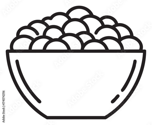 Black outline icon of a simple bowl filled with round cereal pieces. minimal linear illustration for breakfast and food concepts.