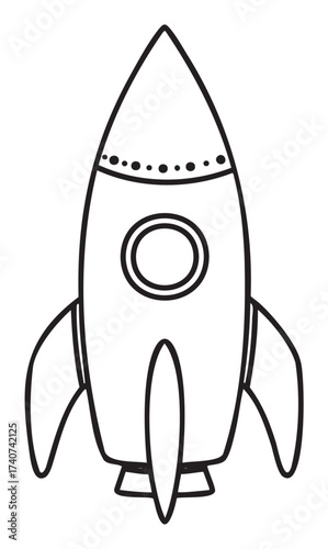 Black outline of a classic rocket ship with a streamlined body and three fins. minimalistic design for space and exploration themes.
