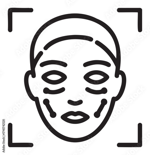 Black outline icon of a human face with lines indicating facial recognition or mapping, surrounded by a frame with four corner brackets.