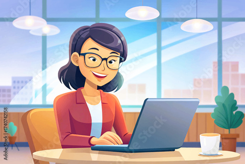 Smiling Asian woman wearing glasses and casual clothes browsing her laptop in a coffee shop, created in detailed vector style, ideal for stock images, remote work, digital lifestyle, technology theme