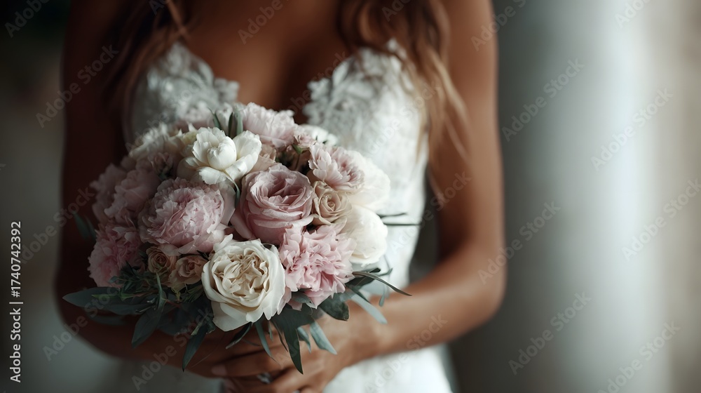 Naklejka premium A bride in a white dress holds a delicate bouquet of pink and white flowers