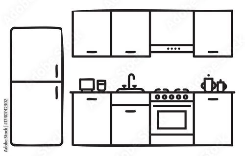 Black outline vector icon of a modern kitchen setup with cabinets, refrigerator, stove, and sink for home design and culinary concepts.