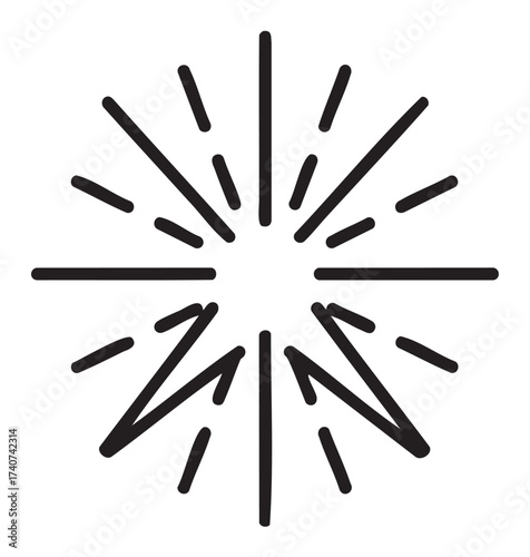 Black outline icon of a simple starburst with radiating lines and irregular edges, conveying concepts of explosion, energy, or excitement.