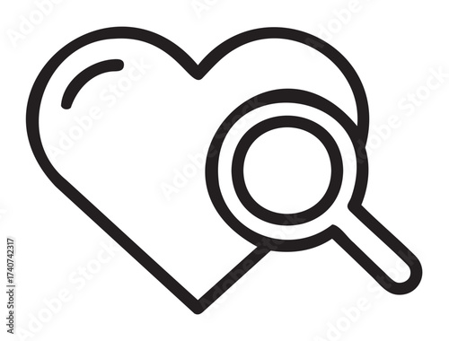 Black outline vector icon of a magnifying glass overlaid on a heart shape, symbolizing love and search concepts.