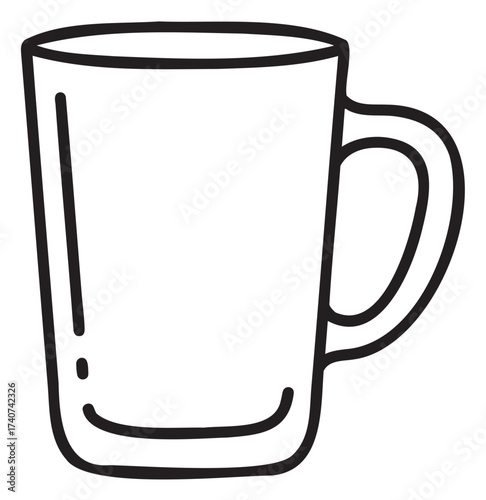 Simple black outline drawing of a ceramic mug with a handle, ideal for concepts related to beverages, kitchenware, and home essentials.