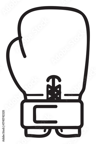 Black outline icon of a boxing glove with a visible strap and lacing detail. simple linear design representing sports and fitness equipment.