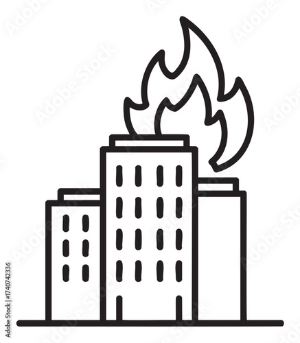 Simple black outline icon of a burning building with flames emerging from the roof, symbolizing danger and emergency situations.