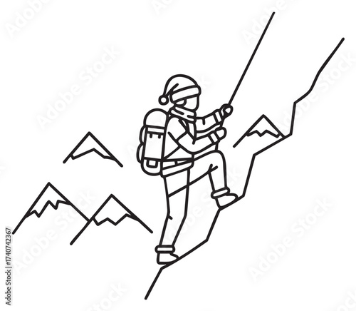 Black outline vector icon of a climber ascending a steep mountain slope with a rope, wearing a backpack and helmet, against a backdrop of mountain peaks.