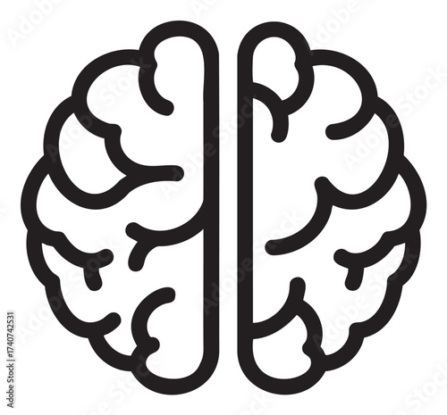 Black outline icon of a brain with defined hemispheres, showcasing intricate details and curves.