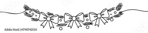 Black outline vector of a festive garland with bows, pine branches, and ornaments, depicting a simple and elegant holiday decoration design.