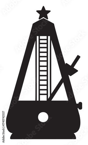 Black silhouette of a traditional pyramid-shaped metronome with a pendulum and star decoration at the top.