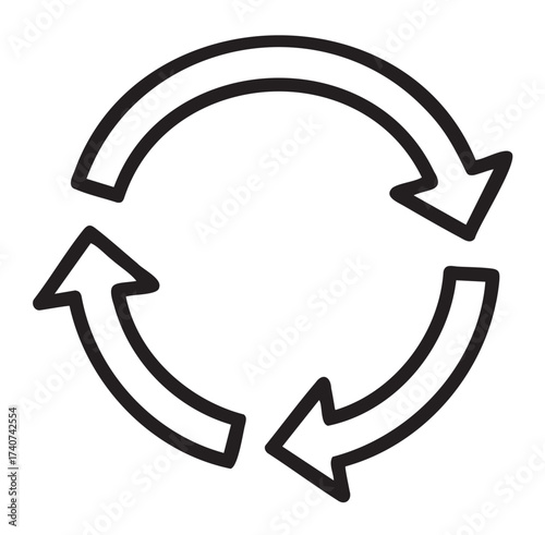 Black outline icon of a simple circular recycling symbol with three arrows, representing environmental sustainability and waste reduction.