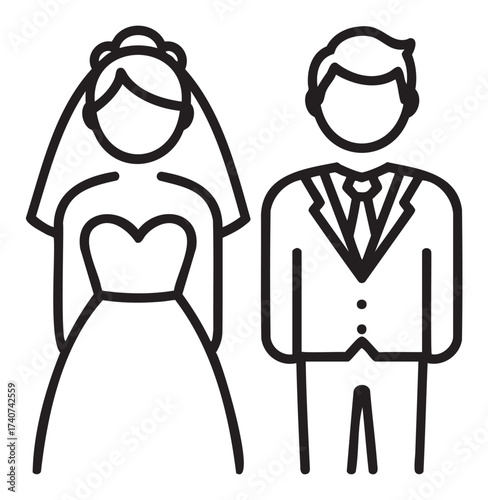 Minimalist black and white outline drawing of a bride in a wedding dress and groom in a suit standing side by side.