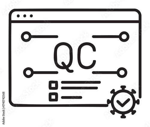 Black outline icon of a browser window showing qc with interconnected lines and a checkmark in a circle, representing quality control and assurance processes.