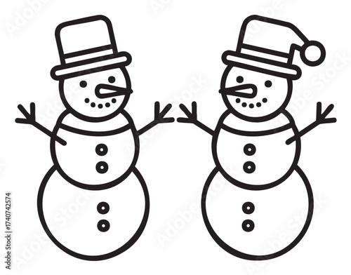 Simple black outline illustration of two snowmen with hats and button details, one with a top hat and the other with a santa hat.