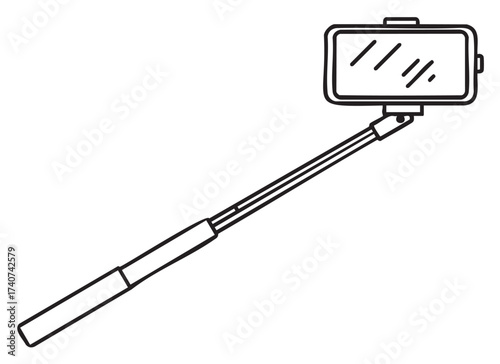 Black outline of an extendable selfie stick holding a smartphone in a minimalistic style.