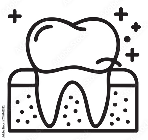 Black outline icon of a shiny tooth with a visible root and gum structure, surrounded by sparkling symbols for oral hygiene concepts.