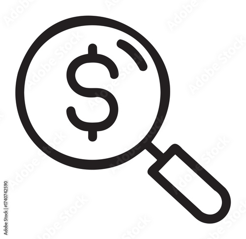 Black outline icon of a magnifying glass with a dollar sign inside, representing financial search or cost analysis.