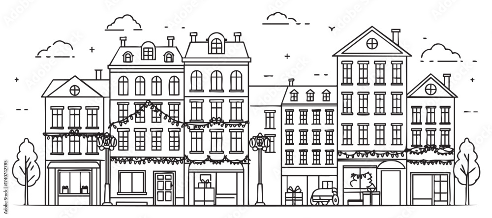 Fototapeta premium Black outline vector drawing of a festive holiday street with decorated buildings, trees, and a horse-drawn carriage.