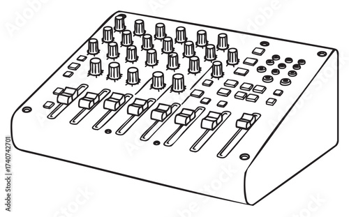 Black outline vector icon of a professional audio mixer with multiple sliders, knobs, and buttons for sound control and music production.
