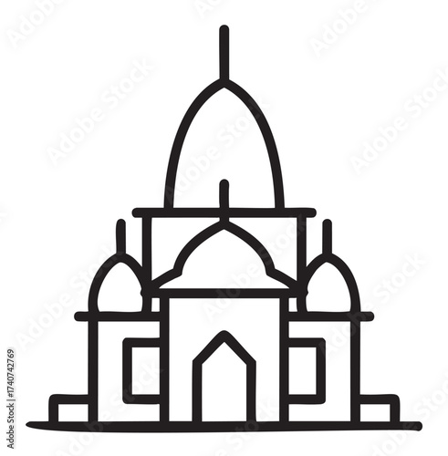 Black outline vector icon of a historic mosque with central dome and minaret. simple line illustration for architecture and religious themes.