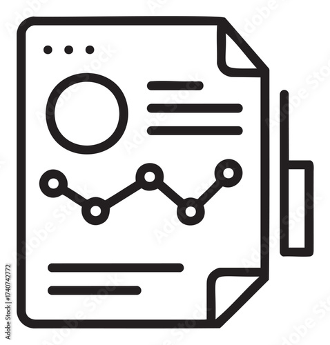 Black outline vector icon of a document with data visualization elements, including a circular chart and a line graph with connecting nodes.