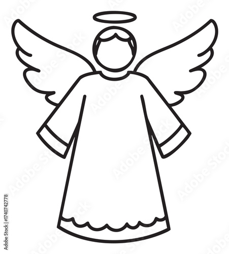 Black outline icon depicting a simple angel with wings and a halo, wearing a robe. minimal linear illustration for religious or spiritual concepts.