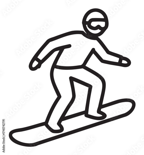 Black outline icon of a person snowboarding downhill, wearing a helmet and goggles for safety and protection.