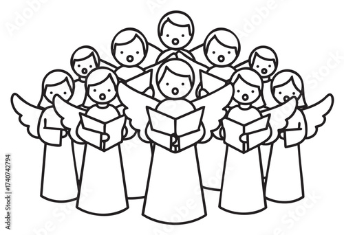 Simple black outline illustration of ten cartoon angels singing, each holding a book, arranged in two rows with the front row featuring angel wings.