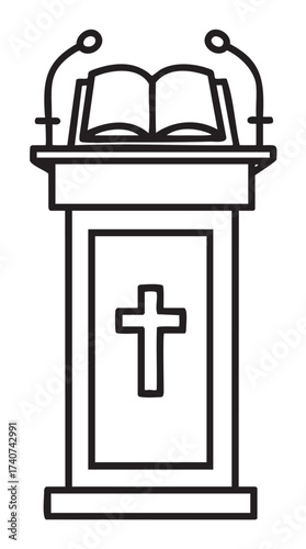 Black outline vector icon of a simple lectern with a cross and open book on top. minimal linear illustration for religious, church, and sermon concepts.