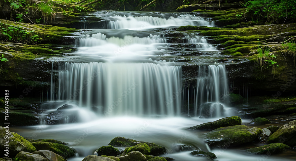 Fototapeta premium Cascading waterfall flowing over mosscovered rocks in a lush green forest, creating a serene natural scene