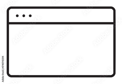 Minimalist black outline icon of a web browser window with three circular buttons in the top left corner, representing online and internet concepts.