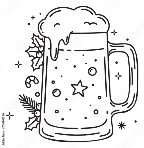 Black outline vector illustration of a frothy beer mug with festive holly and candy cane decorations.