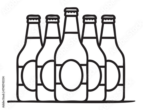 Black outline drawing of five beer bottles arranged in a row, each featuring a circular label and detailed caps, symbolizing alcoholic beverages.