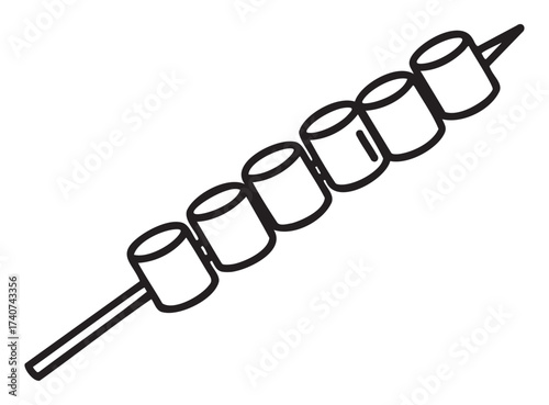Black outline icon of marshmallows skewered on a stick, ideal for camping and outdoor cooking themes.