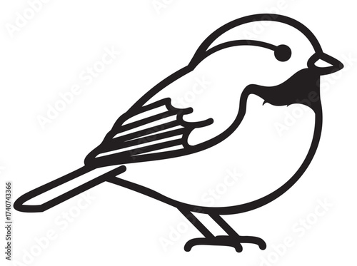 Black outline icon of a chickadee bird with detailed wing and body features, displayed in a minimal and linear style.