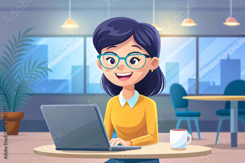 Smiling Asian woman wearing glasses and casual clothes browsing her laptop in a coffee shop, created in detailed vector style, ideal for stock images, remote work, digital lifestyle, technology theme