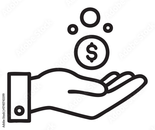 Minimalistic black outline icon of an open hand with floating dollar coin and circles, symbolizing financial support or donation.