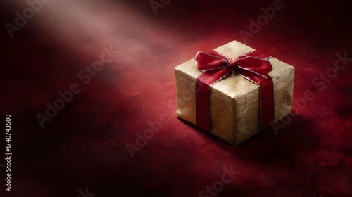 A golden gift box with a red ribbon is spotlighted on a textured red surface