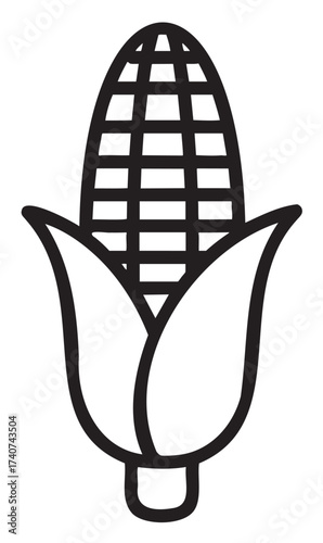 Simple black outline vector icon of an ear of corn with husks in a minimalistic style.