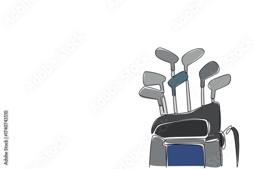 Single continuous line drawing a number of golf clubs in bag of varying heights. Leisure time gaming equipment. Casual sports. Luxury equipment. National Golf Day. One line design vector illustration