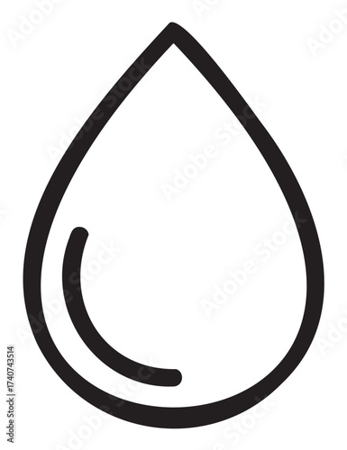 Minimalist black outline of a teardrop-shaped water droplet, with a smaller droplet shape inside, symbolizing purity and hydration.