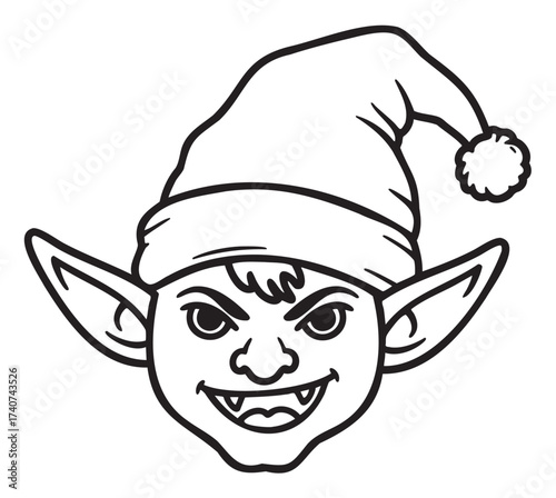 Black outline drawing of an elf face with exaggerated ears, wearing a pom-pom hat, and showing a mischievous expression.