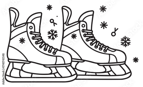Black outline drawing of a pair of ice skates with laces and intricate snowflake designs, suitable for winter and sports themes.