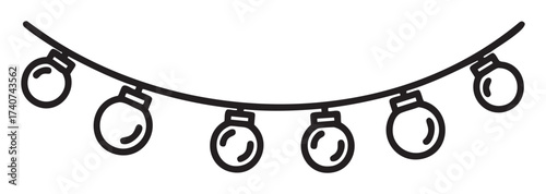 Black outline of a string of circular lights hanging in a gentle curve, representing decorative outdoor or indoor lighting.